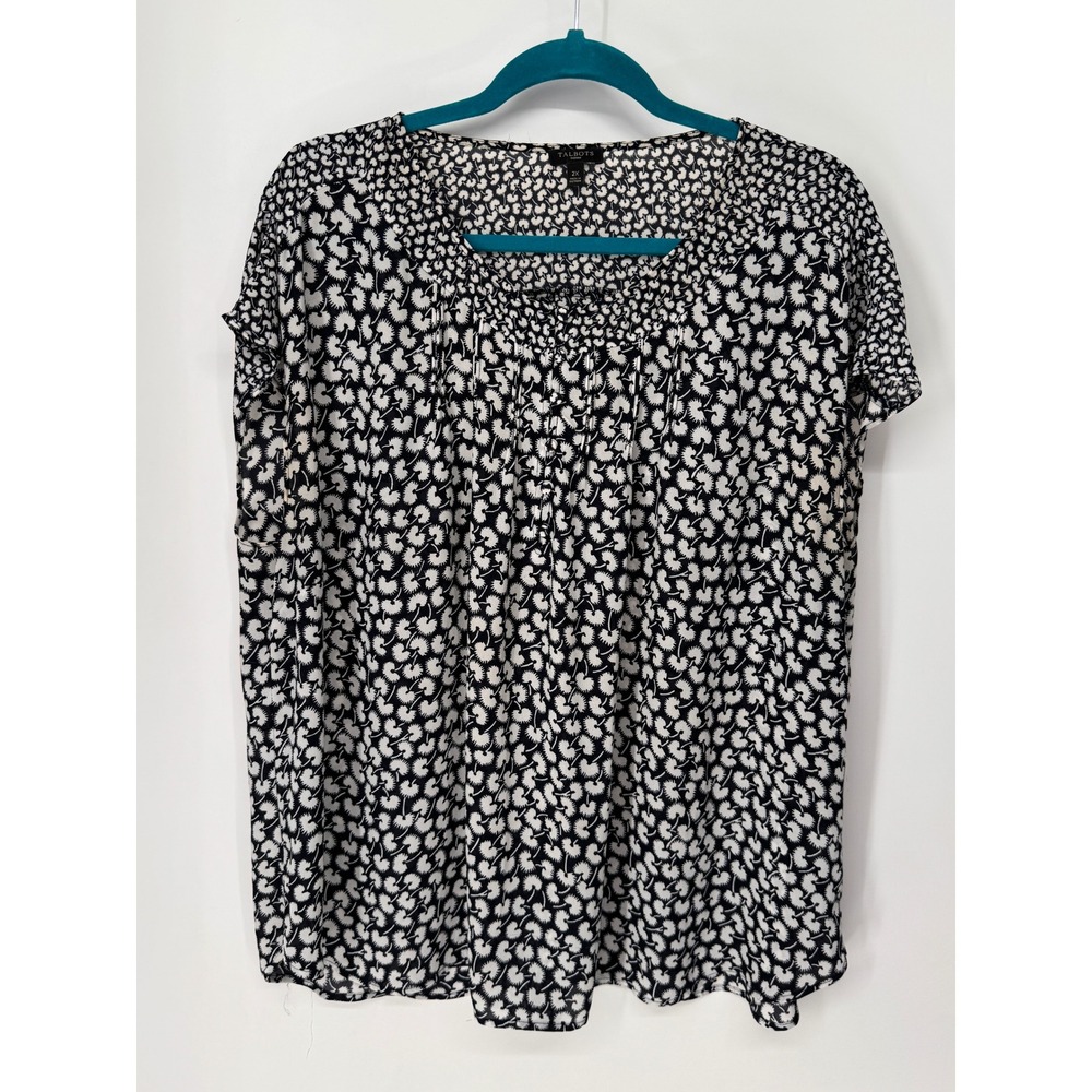 Talbots Blouse Womens 2X Black White Floral Mixed Print Pleated Short Sleeve